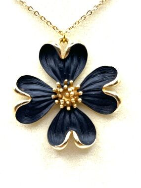 Vintage Black Orchid Pendant Necklace with Gold Accents  Love Strength